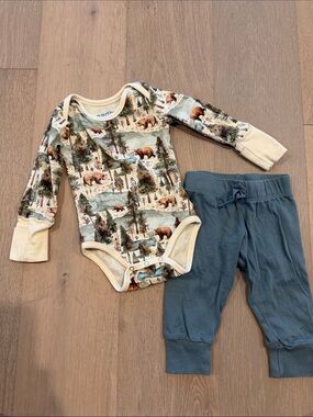 Earthy Bear & Forest Print Bodysuit in Cream and Slate Blue